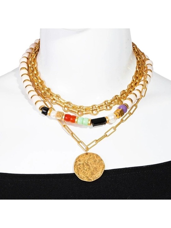 Jewelry - Hammered Disc Layered Bead Chain Necklace